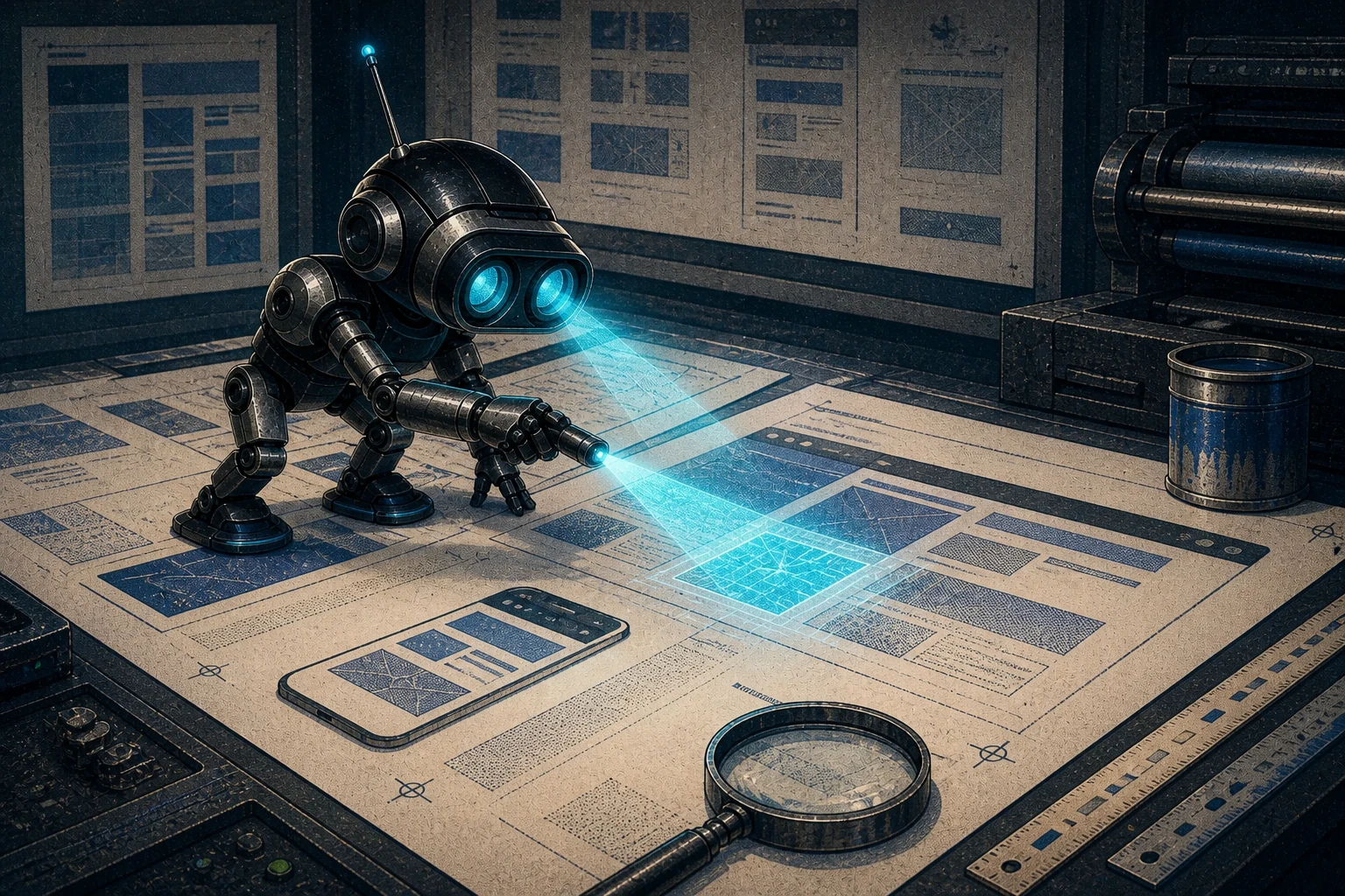 Scout examines several website proofs on a large technical audit table.