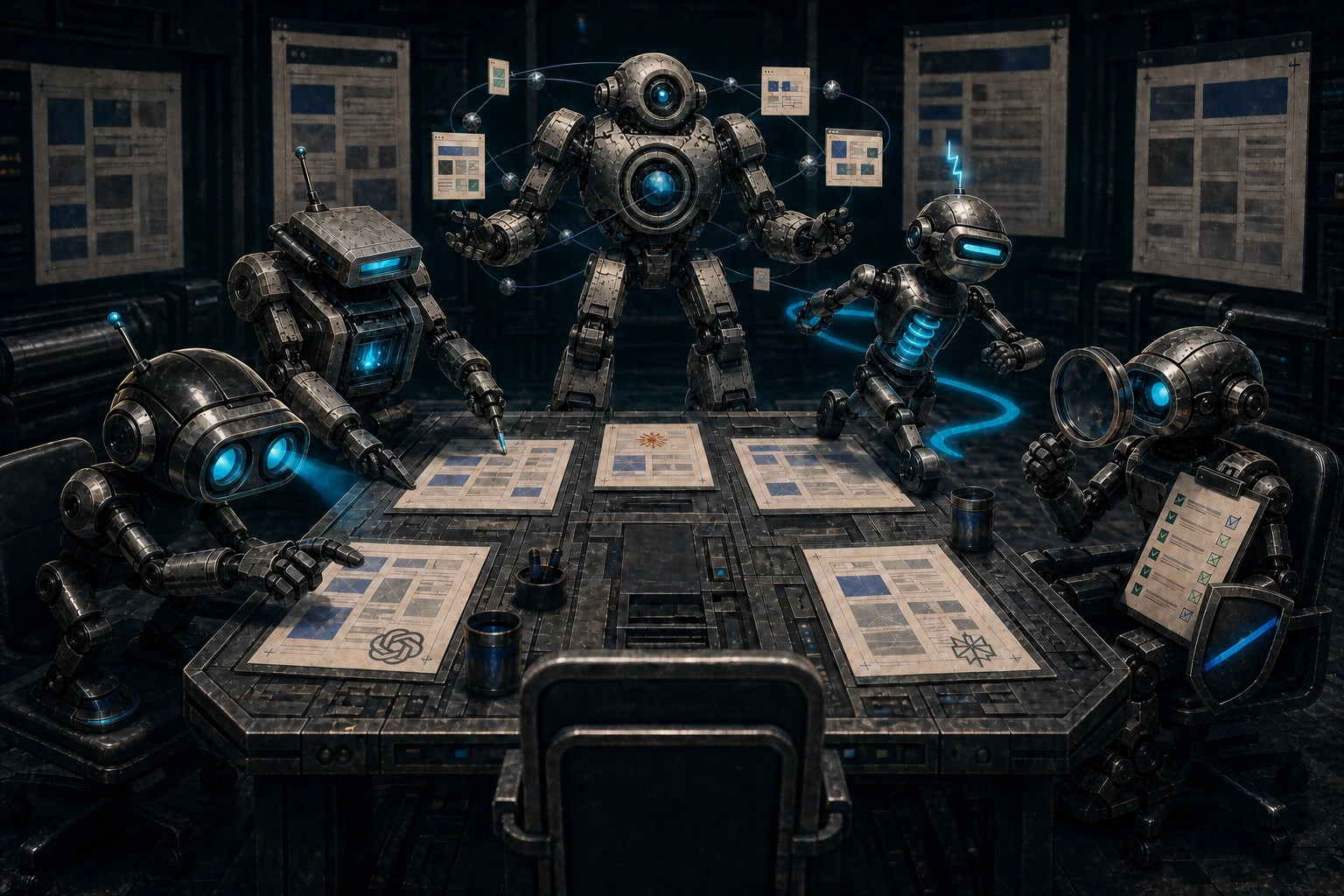 The five IMMOHRTAL robots receive separate job briefs around an operations table.