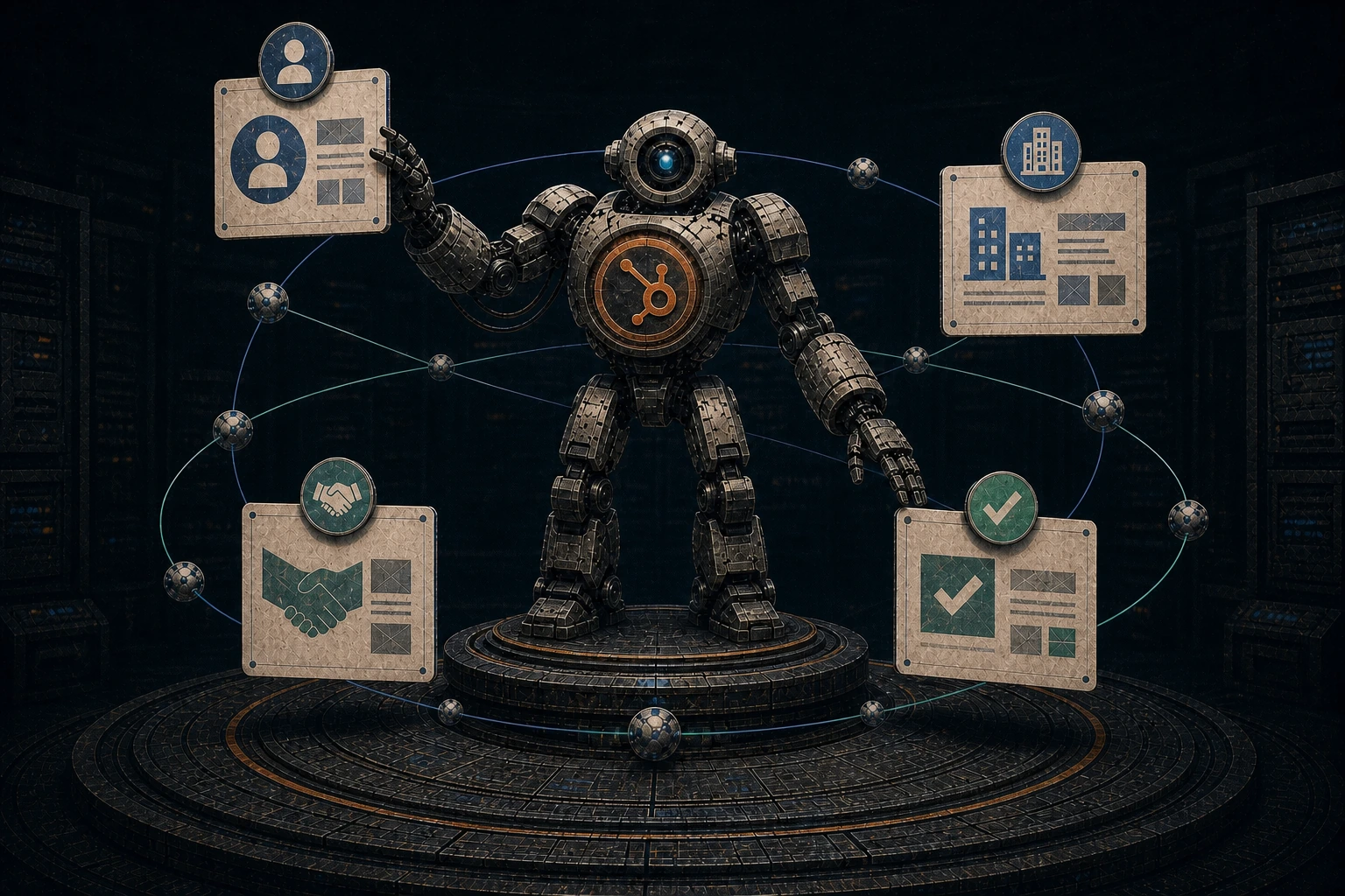Atlas arranges contact, company, deal, and follow-up stages into a calm lifecycle orbit.