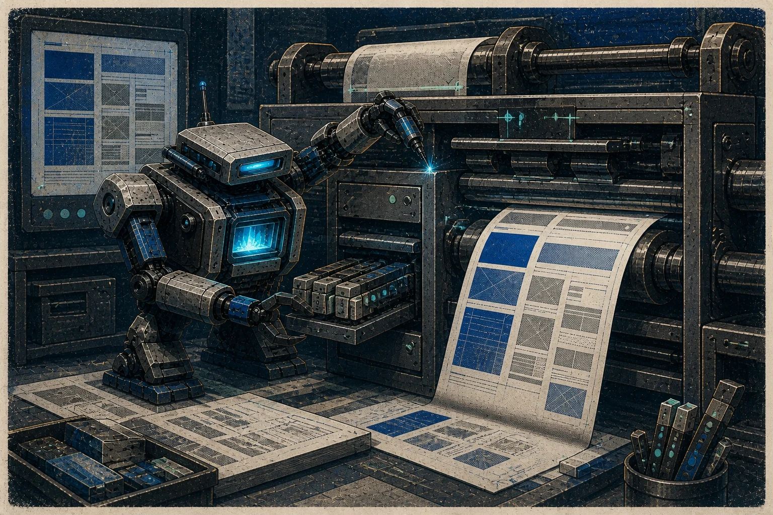Forge adjusts a website production press while page modules move through at higher speed.