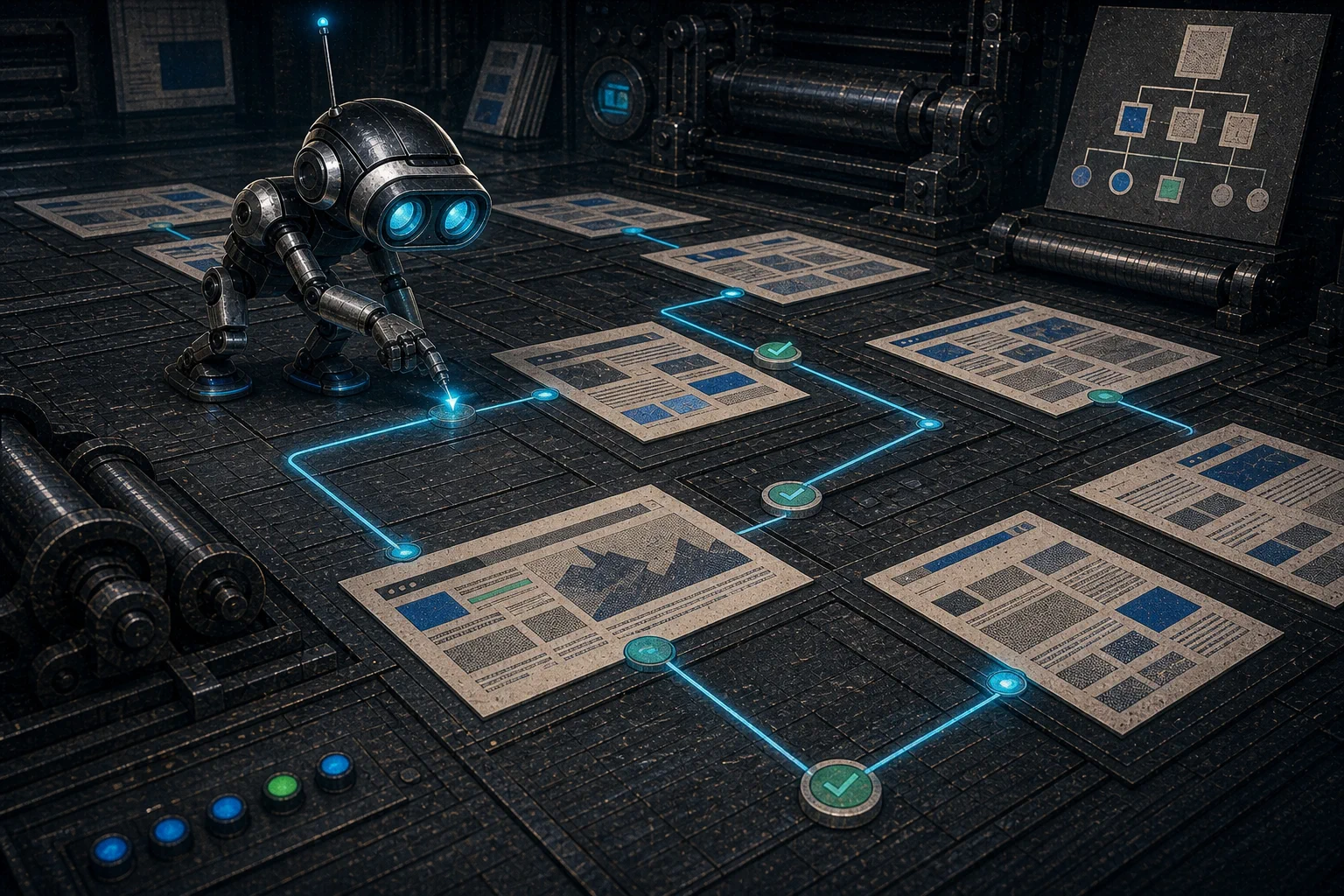 Scout traces a crawl path across linked website pages laid out on a dark inspection floor.