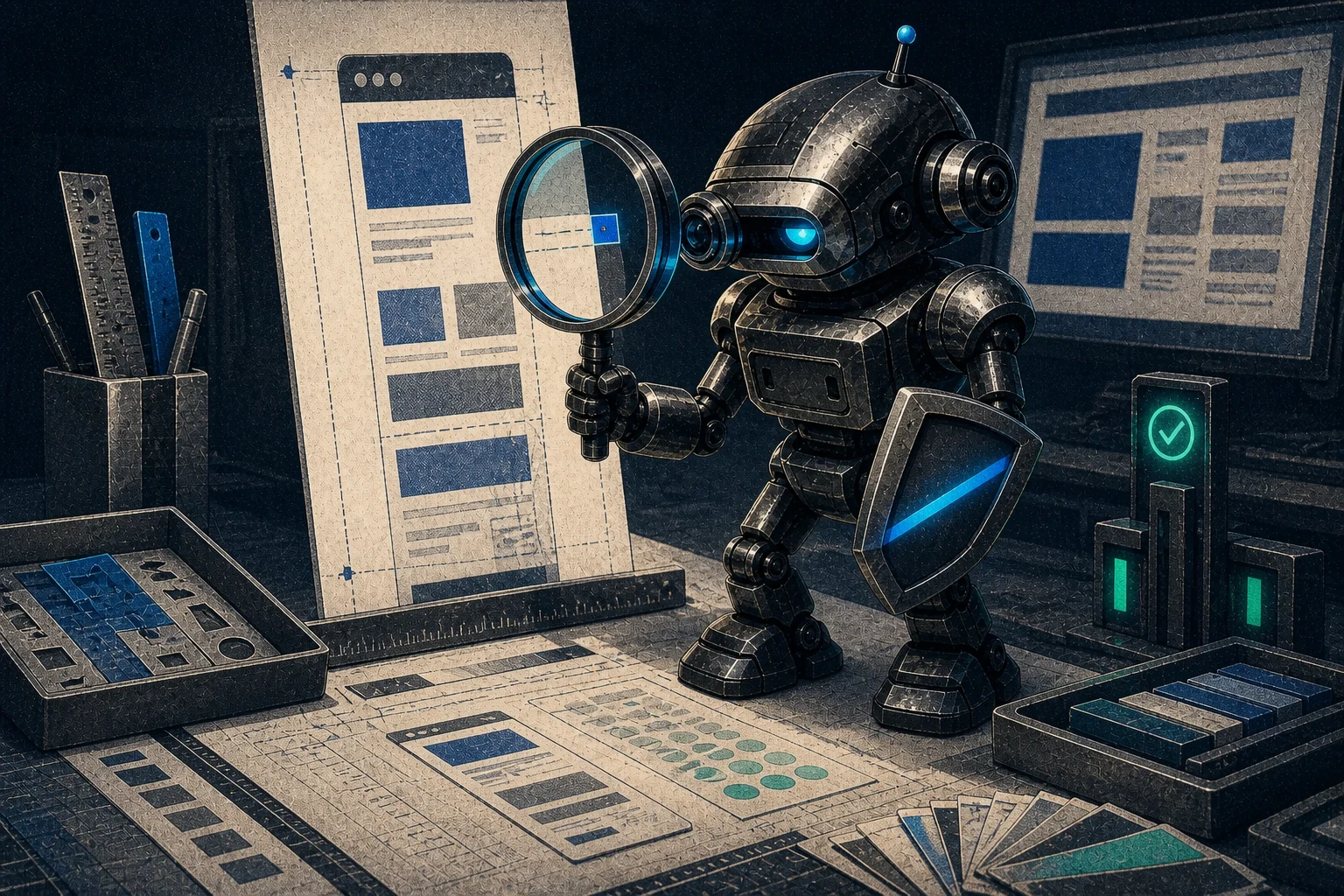 Proof inspects a mobile website proof with a magnifying optic and measurement tools.